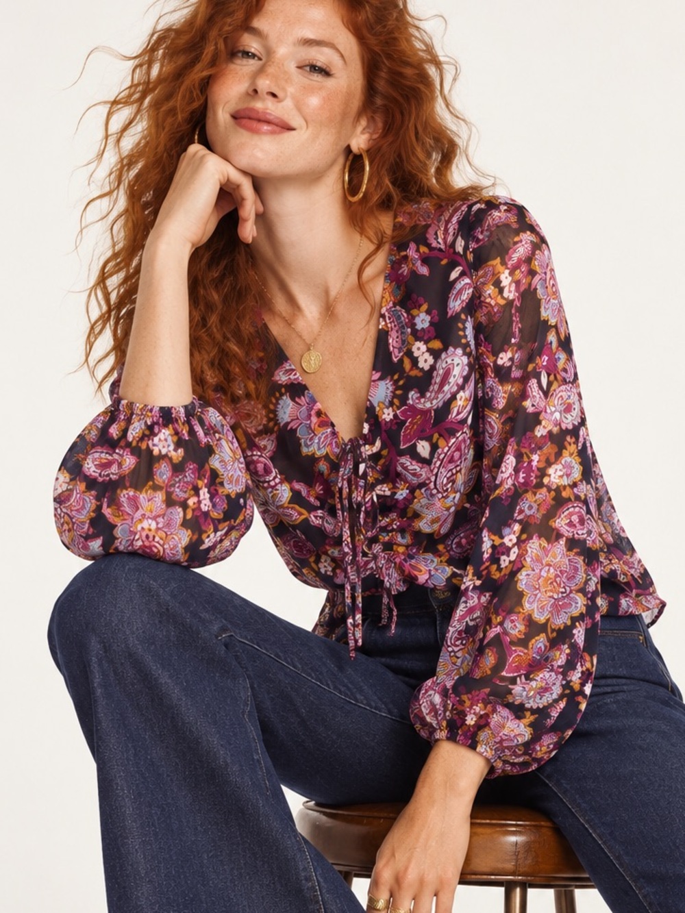 Aqua Black Blouse with Pink, Purple and Gold Floral and Paisley Print